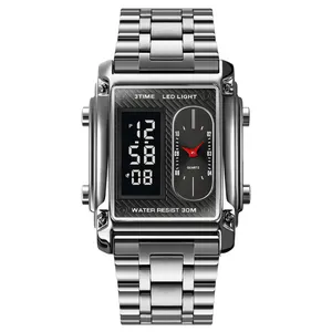 Jam tangan Digital pria, jam tangan persegi tampilan ganda elektronik, jam tangan tali baja anti air, jam tangan Digital lintas batas