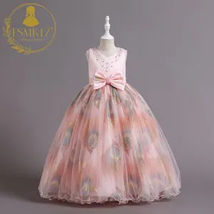 FSMKTZ yeni zarif kızlar prenses elbise tavuskuşu tüyü baskı uzun elbisesi elbise yaldız boncuklu çocuk resmi çiçekli elbiseler