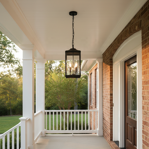 Lanterna da Portico a 3 Luci in Vetro Trasparente Nero Opaco, Lampada Pendente per Esterni di Media Dimensione per Ingresso e Porta d'Entrata OEM - Product Image 6