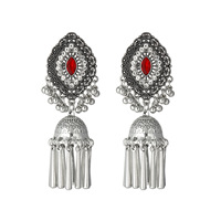 Boucles d'oreilles Jhumka vintage en argent pour femmes, boucles d'oreilles pendantes ethniques bohèmes avec pierre turquoise et pompon cloche, bijoux indiens de style gypsy