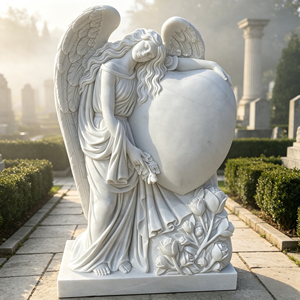 Lápida de Ángel en Forma de Corazón de Mármol Blanco Natural Hecha a Medida para Cementerio, Monumentos Tallados en Mármol - Product Image 1