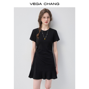 Vestido Corto Negro <span class=keywords><strong>de</strong></span> Punto VEGA CHANG con Cuello Redondo, Cintura Fruncida con Lazo y Dobladillo con Volantes <span class=keywords><strong>para</strong></span> <span class=keywords><strong>Mujer</strong></span> - Product Image 2