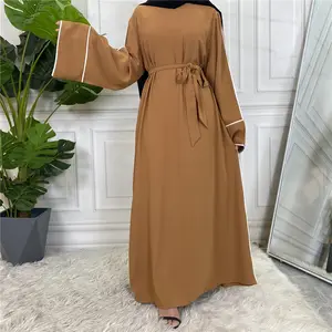 Abaya Turquía al por mayor Vestido musulmán de Abaya en Dubai Vestido transparente con cordones y borde blanco para mujer El último diseño de túnica negra