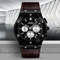 Montre à quartz pour homme SKMEI 9157, chronographe de luxe, bracelet en acier inoxydable et cuir, étanche 30 m, lumineuse, avec calendrier