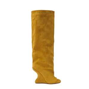 Nuevas botas de Punta abierta de gamuza con tacón de cuña para mujer, botines hasta la rodilla para mujer - Product Image 5