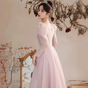 Women's Evening Gown <b>Pink</b> Chiffon Empire Waist Sweetheart Neckline A-Line Long Sleeve Formal Dress For Banquets And Events - Product Image 2