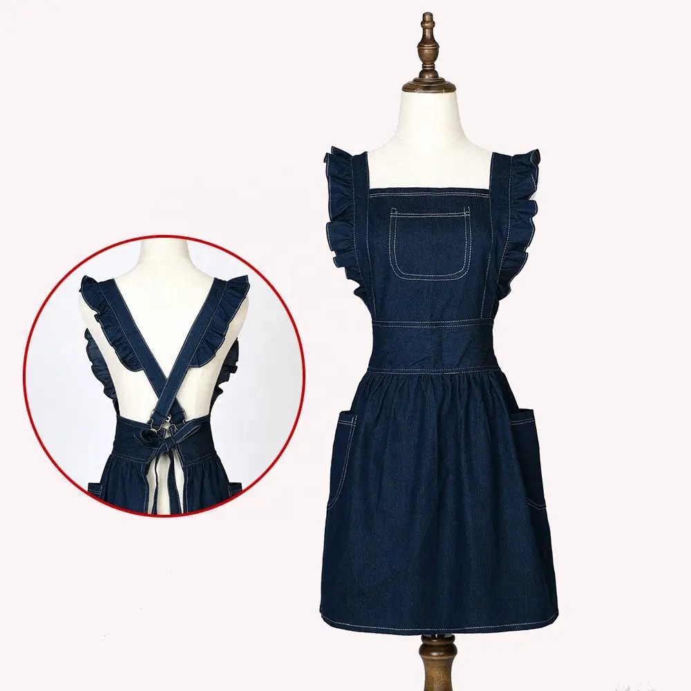 Custom Retro Kitchen Apron Cotton Bib Cooking Ruffle Apron with Pockets Vintage Dress Women Apron