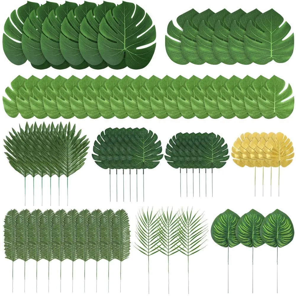 Hojas artificiales de Palma y hoja de Monstera para decoración de mesa de fiesta, hojas de simulación se utiliza como plantas artificiales para la Selva Luau