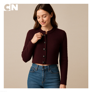 Biểu Tượng Tùy Chỉnh Thêu Intarsia Thiết Kế Mới Nút Cardigan Áo Len Phụ Nữ Màu Đỏ Cắt Cashmere Len Cardigan Người Phụ Nữ - Product Image 3
