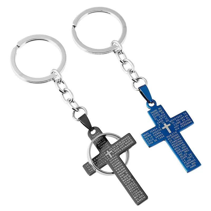 Catholic religious Orthodox crucifix Mini Gold Holy Bible Book Religious Jewelry Blue and Black Plated Steel Cross Keychain