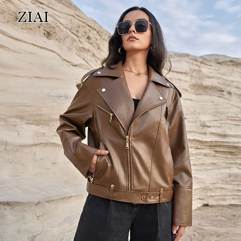 Jaqueta curta de couro marrom clássica para mulheres, jaqueta retrô americana de inverno para motocicleta
