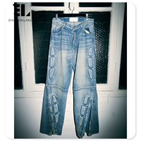 LARSUR kustom pabrik 3D bordir quilt patch biker kargo jeans distress wash lurus timbul padded moto biker denim celana