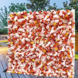 KL-WA113 Wholesale Artificial Silk Rose Roll Up Orange Flower Wall On Cloth Fabric For Wedding Party Event Backdrop Decoration