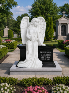 White Marble Angel Design Hand Carved Headstone <b>Polished</b> Surface Traditional Style Outdoor Use - Product Image 4