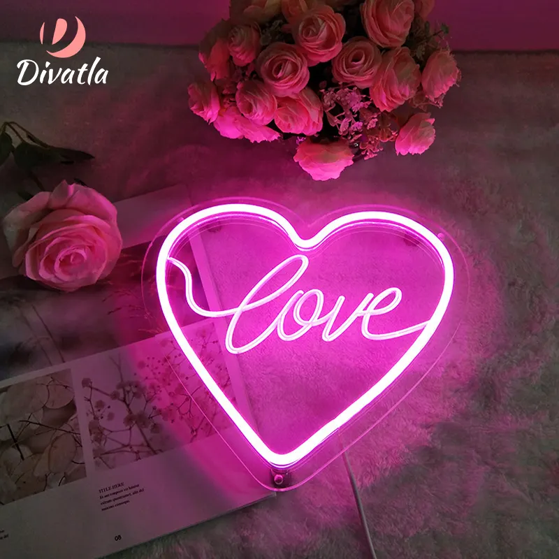 DIVATLA Anpassung Romantik Liebe Herz Trend Glück Party & Schlafzimmer & Store Dekoration Wasserdichte Acryl Led Neonlichter Zeichen