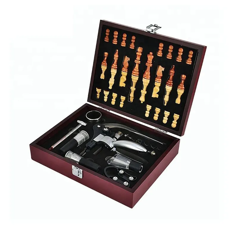Custom Luxury Wooden Vintage Bar Accessories Corkscrew Wine Bottle Wine Tool Set Chess Game Set With Wine Opener