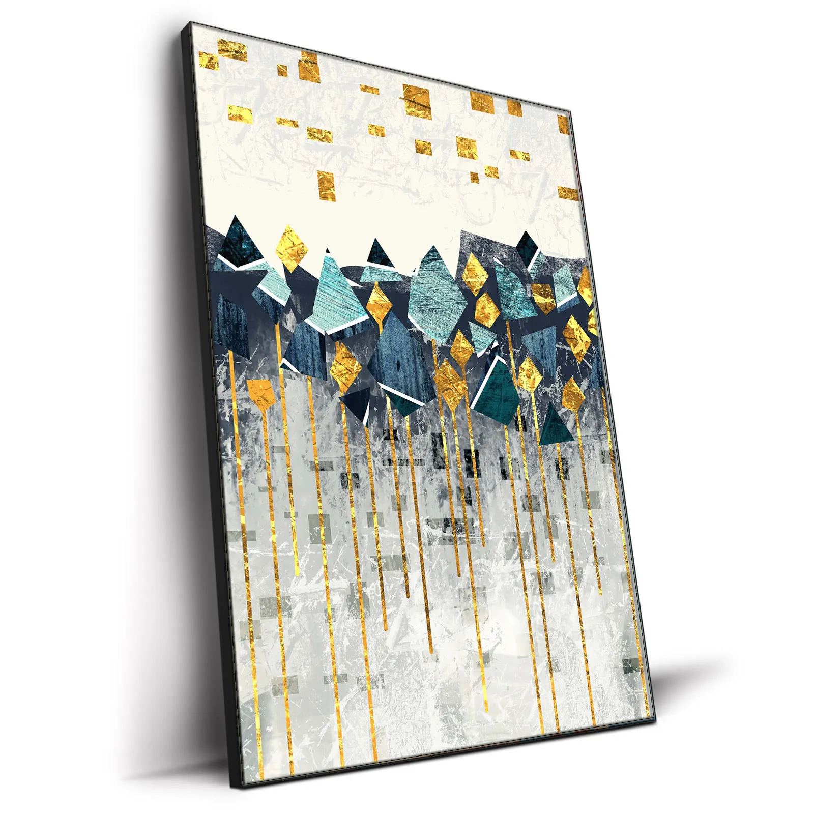Abstract Geometrical Aesthetic Wall Art with Gold Foil Canvas Painting Ready to Hang Home Decoration