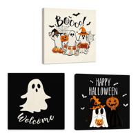 Set Seni Dinding Trio Hantu Halloween, 3 Kanvas Cetak Terbungkus Kain, Dekorasi Liburan Rumah Gaya Pedesaan dengan Labu dan Kelelawar yang Menyeramkan dan Lucu