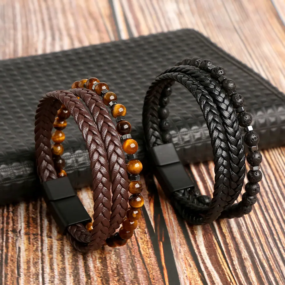 factory wholesale Woven tiger Eye natural stone Multilayer Leather Cuff Bracelet Bangle Men Jewelry