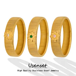 USENSET 18k Gold Plated Titanium Steel Bracelet Vintage Elastic Gypsy Polishing Bangle For Women Girls Fashion Aesthetic Jewelry