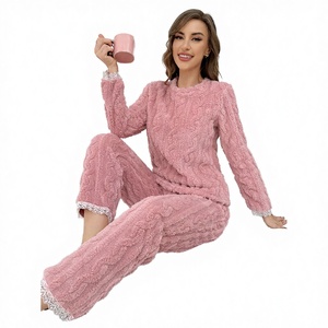 SMOOTH Customized Women's Pajamas Soft Casual Autumn/Winter Warm <b>Thick</b> Cable Knit Flannel Home Wear Set - Product Image 2