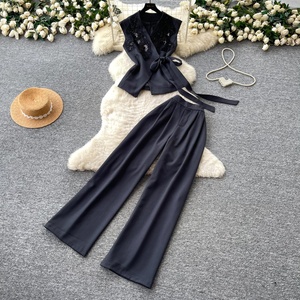 Women Sleeveless Top and Pants Two Piece Set V Neck Button Down Vest With High Waist Pant Set - Product Image 3