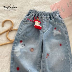 TongXingYuan Girls Jeans High Waist Washed Soft Wide Leg Pants Korean Style For Little Girls - Product Image 3