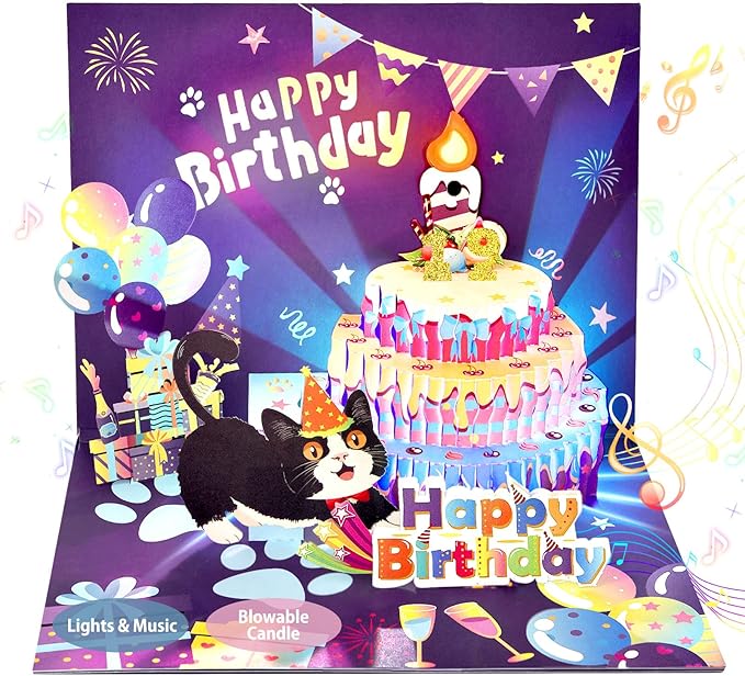 3D Pop Up Musical Birthday Card With LED Lights & Blowable Candle - Interactive Cake Design Greeting Card