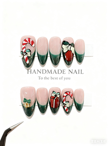 Ongles press-on de Noël 3D stéréo, rennes, sapin de Noël, forme amande, pointes d'ongles faites à la main de haute qualité - Product Image 3