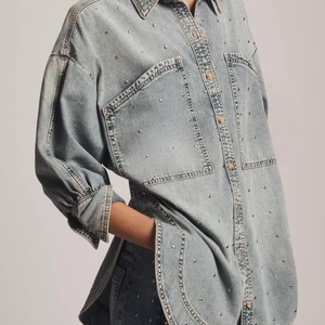 New Arrival Casual Western Style Women's Oversized Denim <b>Shirt</b> <b>Studded</b> Denim Buttondown Long Sleeve Jacket - Product Image 2