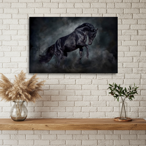 ภาพพิมพ์บนผ้าใบ Black Stallion: ภาพม้าที่มีอารมณ์ขันและดราม่าสำหรับตกแต่งบ้านสไตล์ชนบท, ผ้าใบหุ้มขอบ - Product Image 3