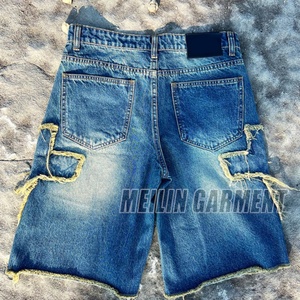 Custom Distress Cross Embroidery <b>Patch</b> Summer Knee Length Cotton Baggy <b>Men</b> Denim <b>Shorts</b> Streetwear Vintage Jeans <b>Shorts</b> <b>Men</b> - Product Image 3