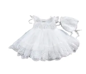 Haute qualité mignon 1er anniversaire baptême blanc baptême bébé fille robe dentelle brodé nouveau-né vêtements bébé baptême tenue