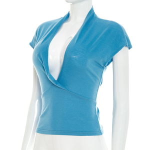 Viviblook Q26TP077 Nouveau T-shirt court décontracté pour femme, coupe ajustée, col en V profond, couleur unie, manches courtes, idéal pour l'été - Product Image 3