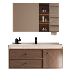 Black Walnut Modern Water Resistant Bathroom <b>Vanity</b> Set with Stone Basin and <b>Makeup</b> Mirror Wall-mounted - Product Image 1
