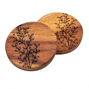 <b>Round</b> Wooden Coasters With Leaf Pattern Modern Design Non Slip <b>Mats</b> & Pads - Product Image 1