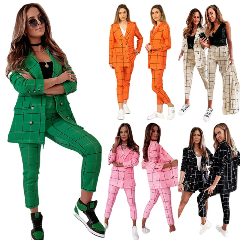 LQ302 Hight Quality Autumn Winter Business Suit For Women Plaid Double Breasted Women Suits Office Formal Pants And Blazer Set