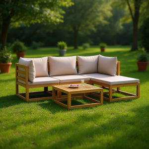 Ensemble de salon de jardin en teck 4 places, mobilier d'extérieur au design contemporain, structure en bois massif, coussins taupe - Product Image 2