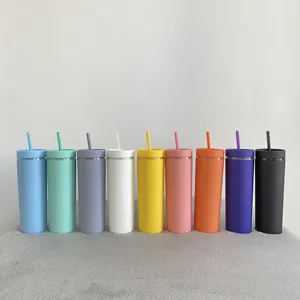 wholesale 16oz Matte Finish Pastel Colored BPA Free Reusable double walled Acrylic Plastic Tumblers with Lids and Straws