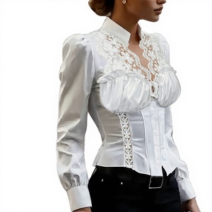 Oferta Especial en Blusa Elegante de Encaje Blanco Sólido para Mujer, Cuello en V, Manga Abullonada, Corte Ajustado, Top para Primavera, Verano y Otoño - Product Image 2