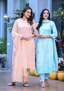 Conjunto de Kurta y Pantalón de Verano para Mujer, Diseño Bordado, Algodón, Cuello Redondo, Largo hasta la Rodilla, con Dupatta y Pantalón - Product Image 6