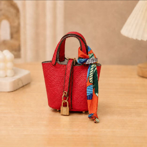 Luxury H-Style Mini Bucket Bag Charm, PU Leather Earphone Pouch & Coin Purse with Silk <b>Scarf</b>, Cute Keychain for Women - Product Image 3