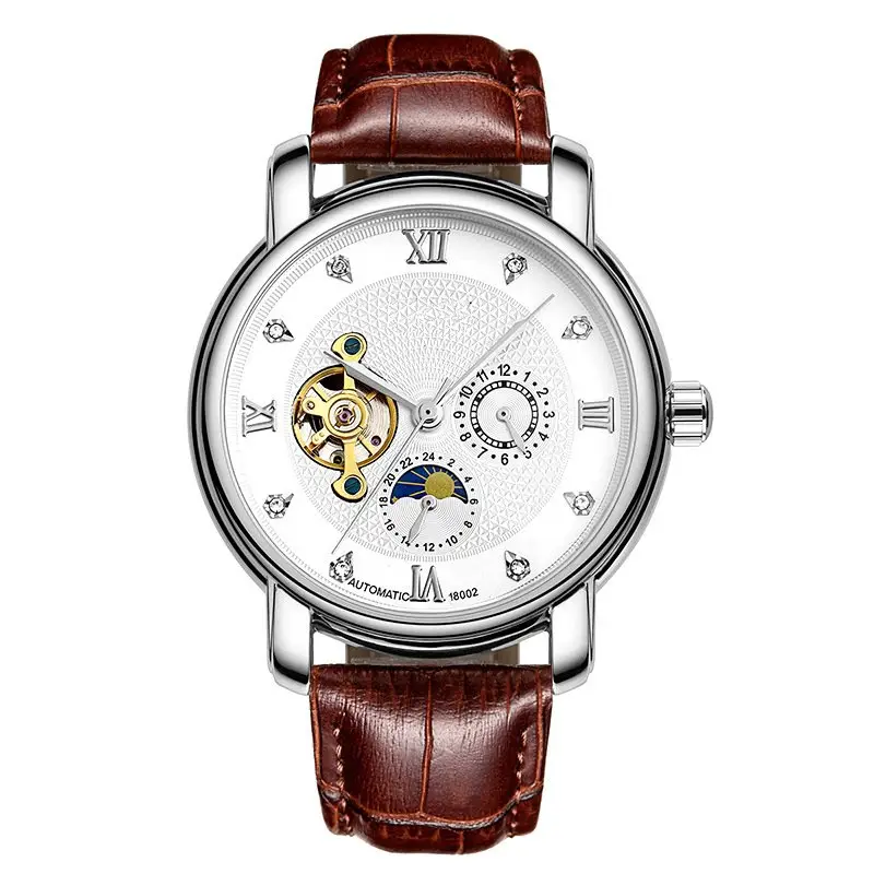 FREE SAMPLE Men's Mechanical Watch Five Pin Diamond Tourbillon Watch Sun Moon Stars Real Leather Strap Watch
