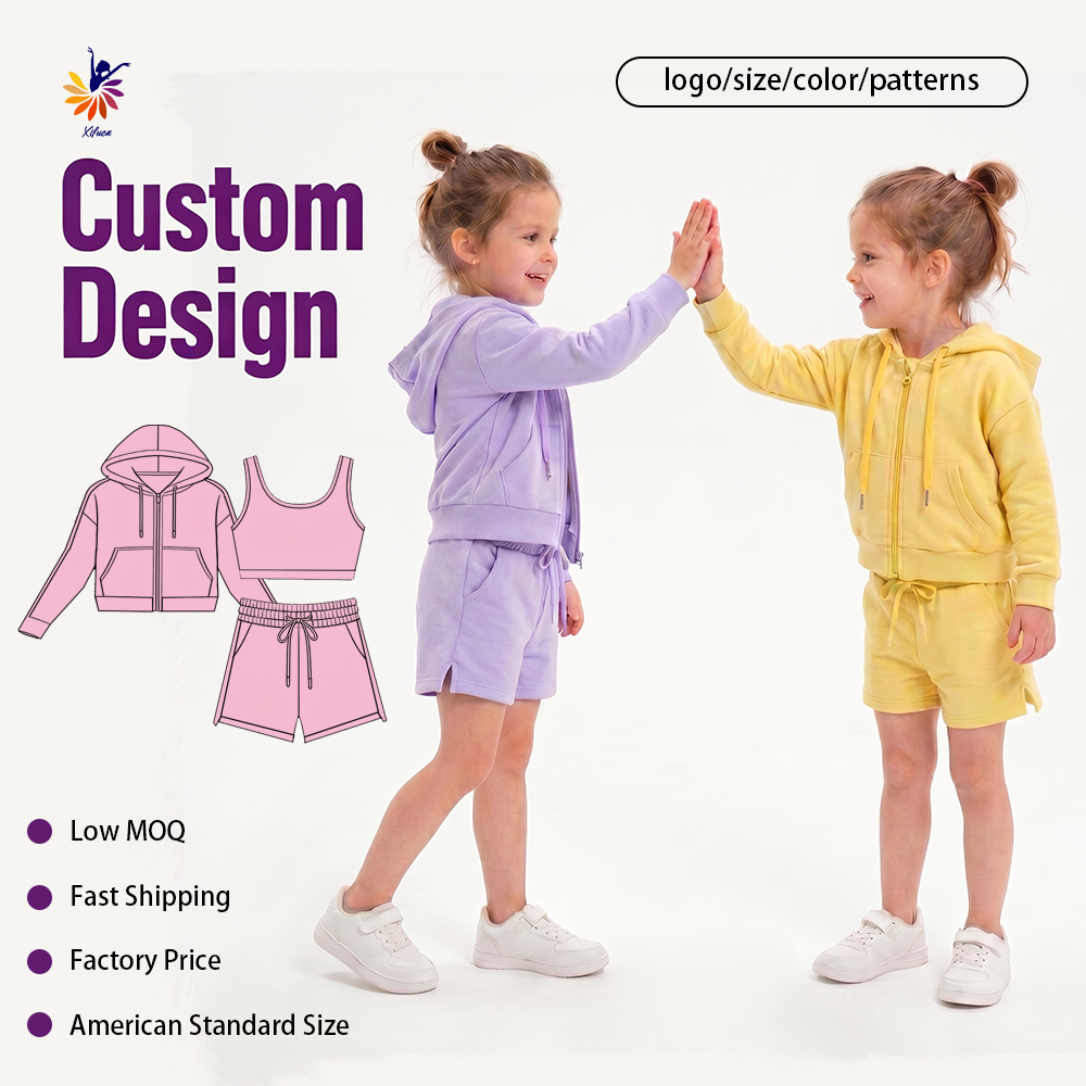 Girls Yoga Set 3 Piece Moisture Wicking Fabric Summer Solid Outfit Hoodie and Shorts Set for Sports Custom Size Fast Shipping