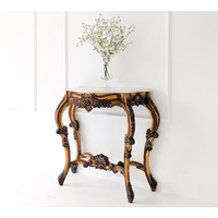 Console antique de style européen en bois massif sculpté, plateau en marbre doré vintage, meuble d'entrée pour palais, villa, hôtel, ferme, maison.