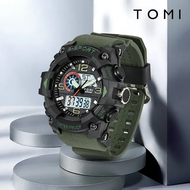 TOMI T231 New Men's Sports Watch Dual Screen Analog Digital LED Electronic Sports Watches Waterproof Swimming Student Watch Box