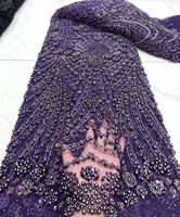 Tissu en dentelle tricoté de poids moyen avec perles en relief, polyester/coton, 10 couleurs en stock, pour robe de mariée africaine de luxe ou de soirée