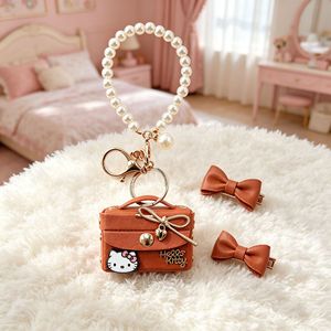 Lindo Llavero Colgante de Gato Mini de Piel Sintética con Bolso Cuadrado Pequeño, Lazo Dulce, Cordón de Perlas y Almacenamiento para Auriculares, Estilo Retro Hello - Product Image 3