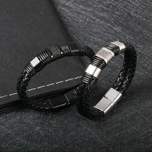 Bracelet en cuir pour hommes, offre spéciale, en acier inoxydable, tissé à la main, avec boucle magnétique