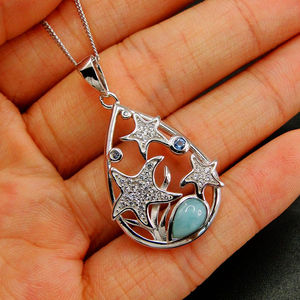 Collier pendentif étoile de mer en argent sterling 925 avec pavé de CZ et larimar naturel, vente en gros - Product Image 5